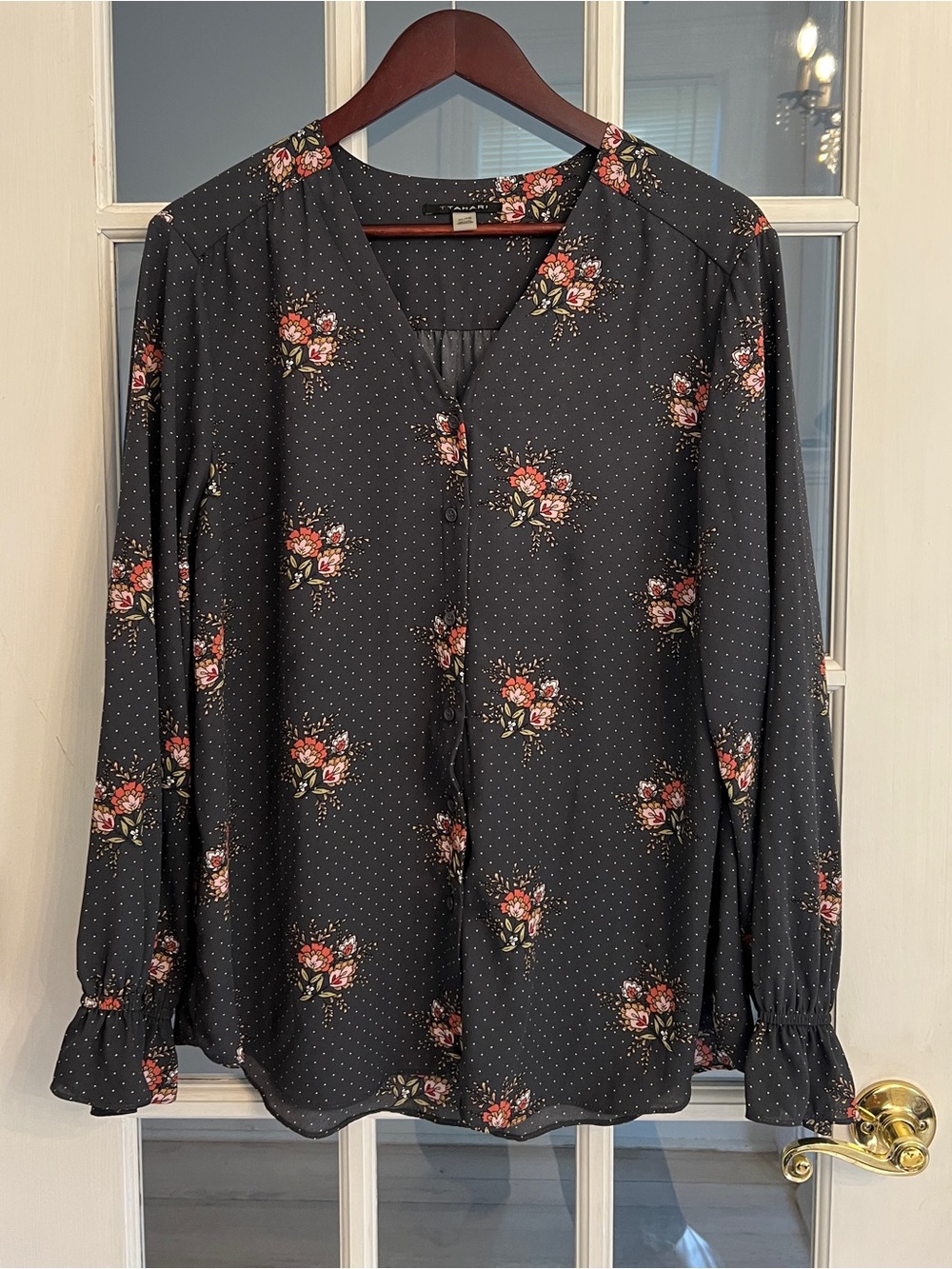 T Tahari Women’s Floral Polka Dot V Neck Blouse Long Sleeve Ruffle Cuff Size XL